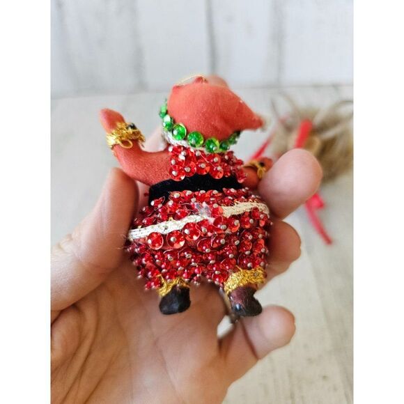 Wooden reindeer sequin beaded Santa vintage ornament Xmas set - Picture 4 of 13